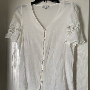 Moon River White Lace Button Down Blouse - top feminine lacy embroidered girly